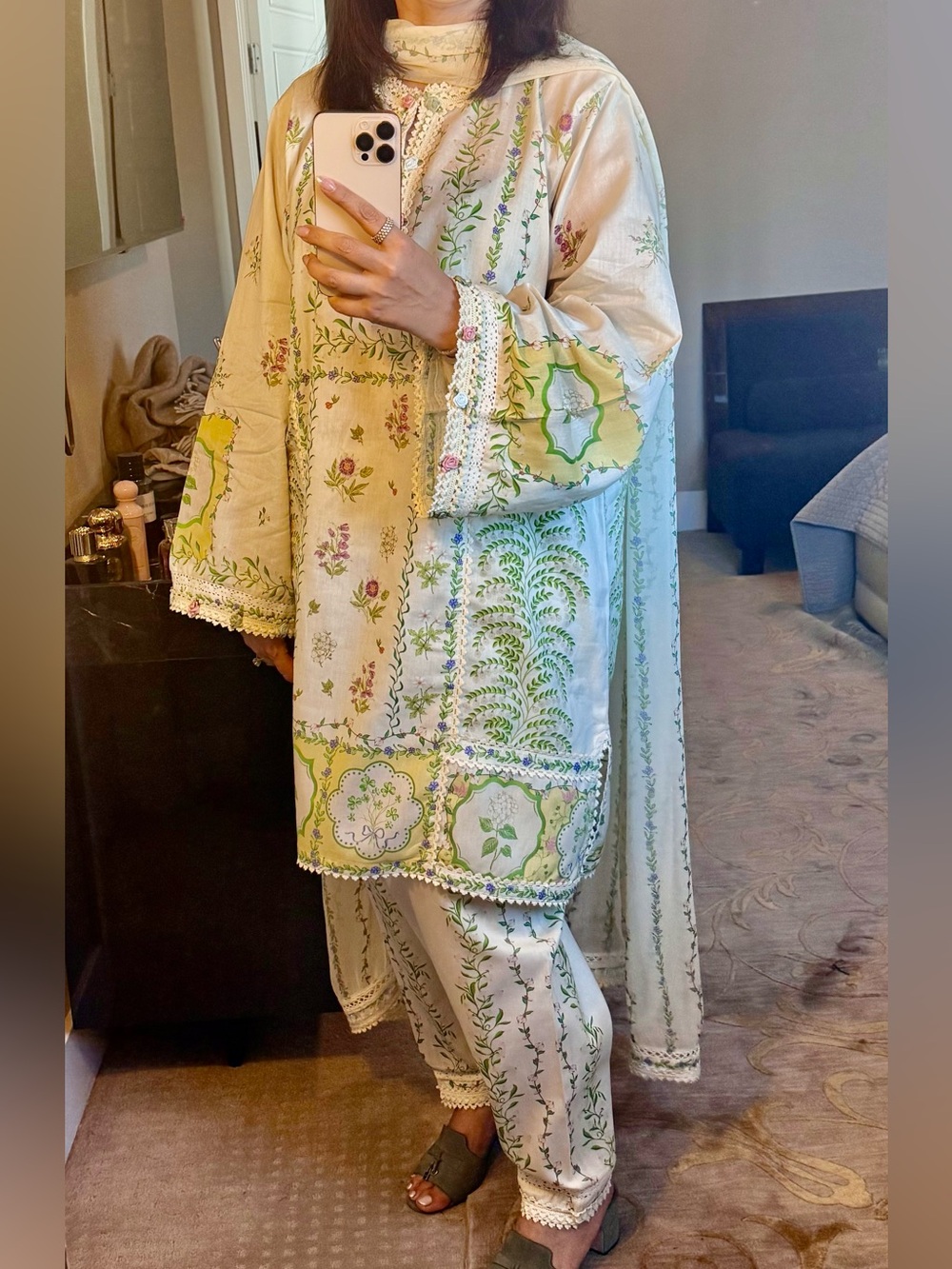 Cream Floral Embroidered Salwar Kameez Set with Green Accents
